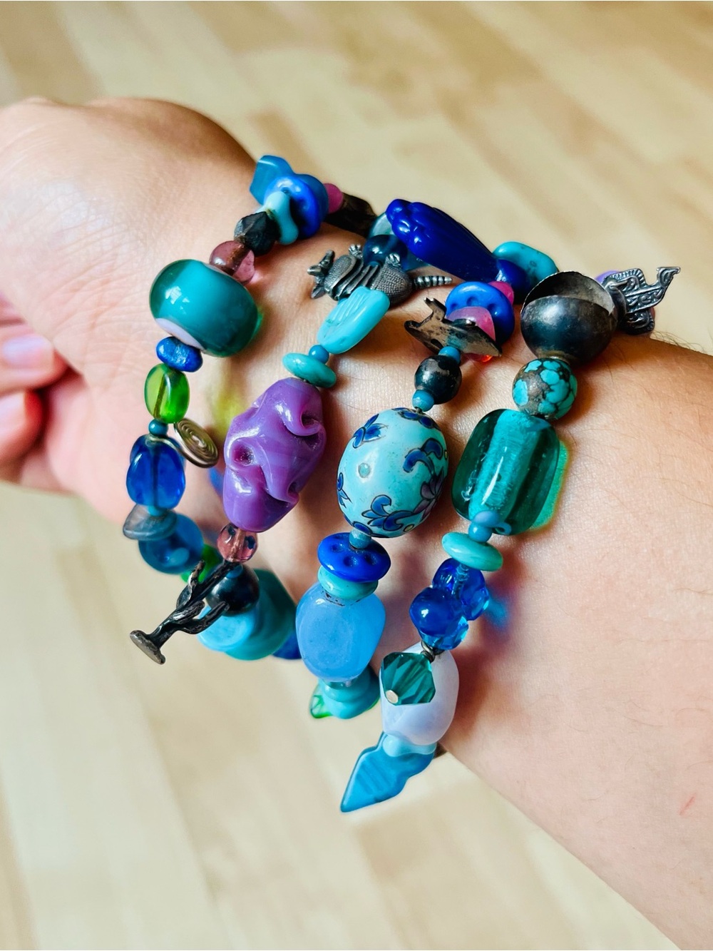 Sterling Silver Southwestern Charm Bracelet Glass Ceramic Stone Beads Artisan